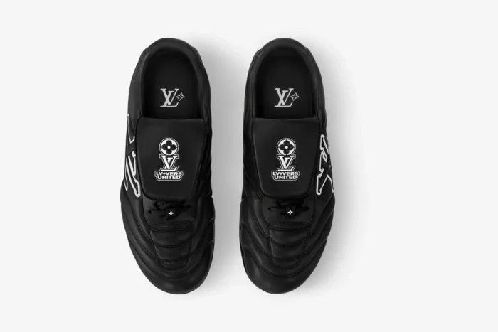 Top-down view of black Louis Vuitton Footprint Soccer Shoes LV+VERS UNITED Edition.