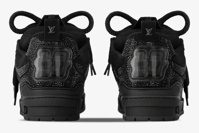 Rear view of black Louis Vuitton LV Skate sneakers with strass crystals and thick rope laces. - SKU 1AB8R0