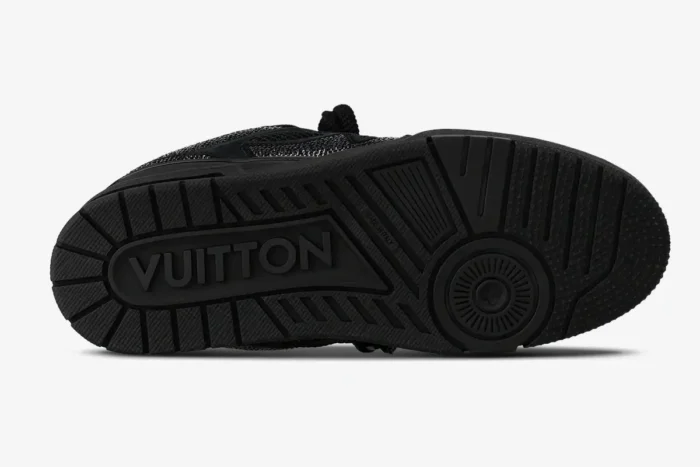 Bottom sole view of black Louis Vuitton LV Skate Strass sneaker with Vuitton branding. - SKU 1AB8R0