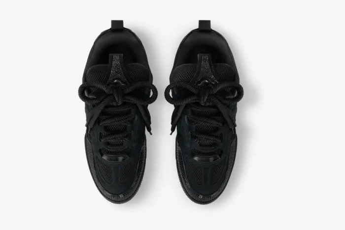 Top-down view of black Louis Vuitton LV Skate Strass sneakers with thick laces. - SKU 1AB8R0