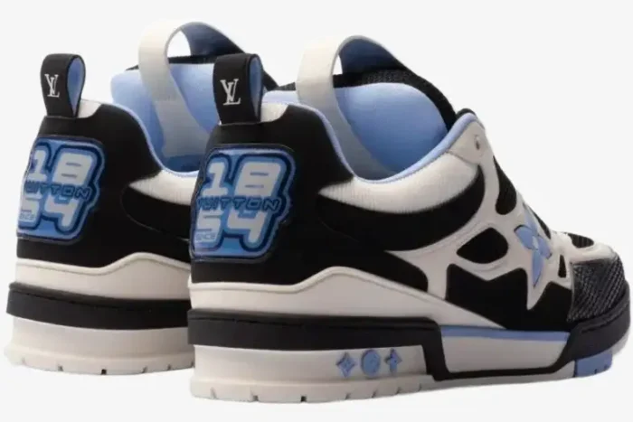 Rear view of Louis Vuitton LV Skate sneakers in black, white, and light blue with 1854 heel logo. - SKU LV1SKT1