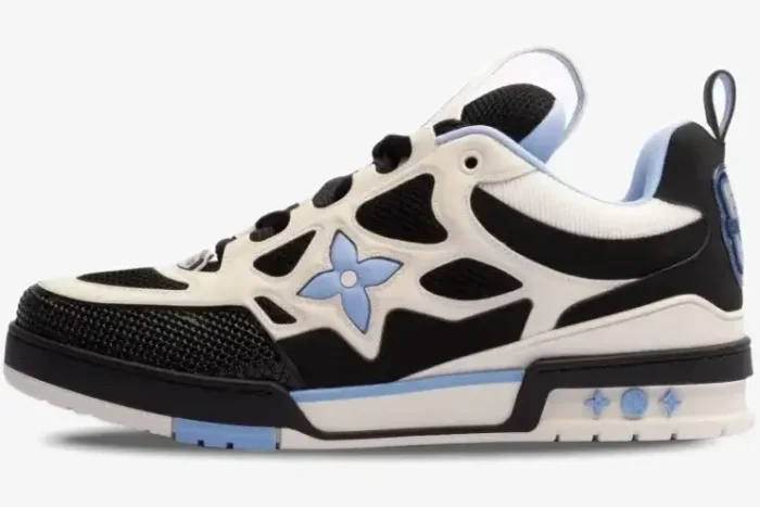 Side view of Louis Vuitton LV Skate sneaker in black, white, and light blue with mesh details. - SKU LV1SKT1