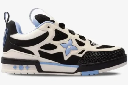 Side view of Louis Vuitton LV Skate sneaker in black, white, and light blue with mesh panels. - SKU LV1SKT1