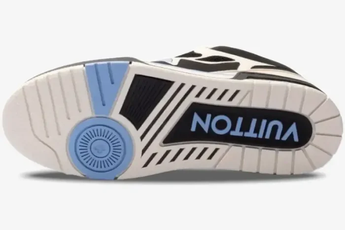 Bottom view of the Louis Vuitton LV Skate sneaker outsole in black, white, and blue with Vuitton branding. - SKU LV1SKT1