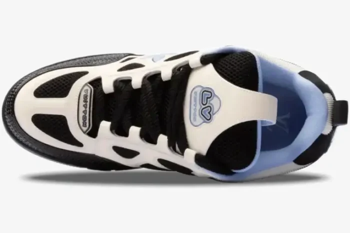Top-down view of Louis Vuitton LV Skate sneakers in black, white, and light blue with mesh panels. - SKU LV1SKT1