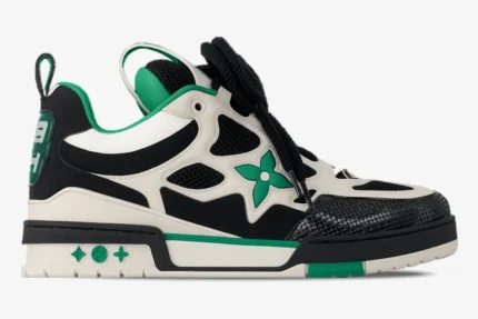 Side profile of a Louis Vuitton LV Skate sneaker in black, white, and green with chunky laces. - SKU 1ADE11