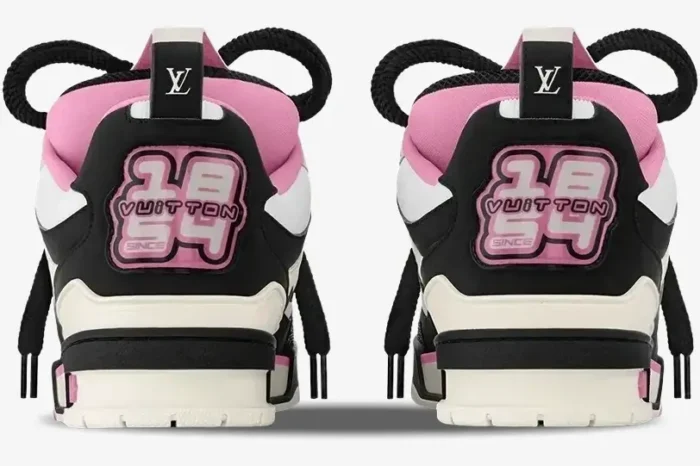 Rear view of Louis Vuitton LV Skate sneakers in black, white, and pink featuring a large 1854 heel logo. - SKU 1ADE1K