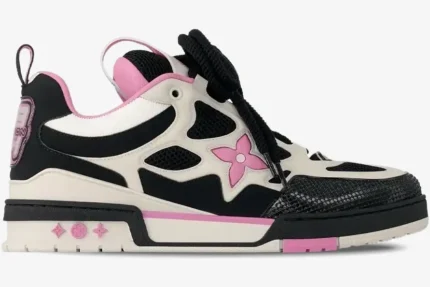 Louis Vuitton LV Skate sneaker in black, white, and pink, shown from a side profile view. - SKU 1ADE1K