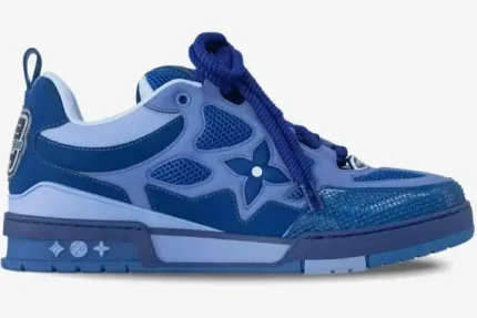 Side profile of a Louis Vuitton LV Skate sneaker in various shades of blue mesh and leather. - SKU 1ACQMN