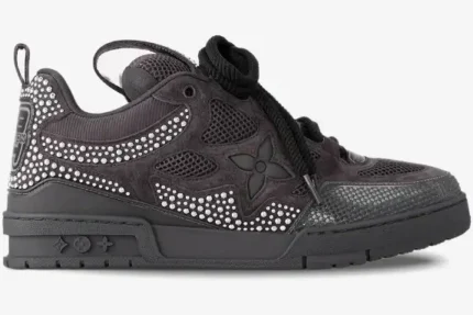 Side profile of a black Louis Vuitton LV Skate Sneaker with crystal monogram details and thick laces. - SKU 1ABY8S