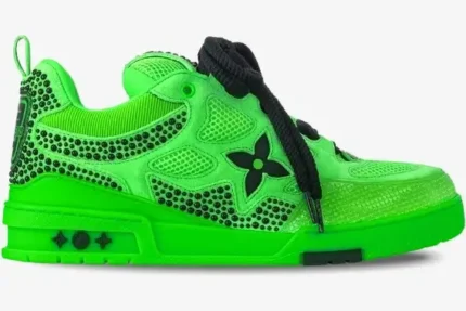 Side view of a bright green Louis Vuitton LV Skate sneaker featuring black beaded embellishments and black laces. - SKU 1ACEHL
