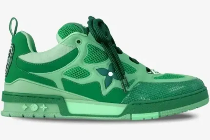 Profile view of a Louis Vuitton LV Skate sneaker in multiple shades of green with chunky laces. - SKU 1ACQOZ