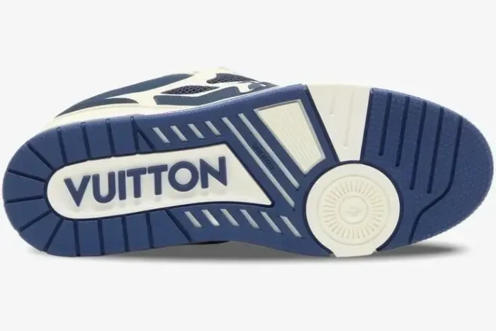 Outsole view of the Louis Vuitton LV Skate Sneaker in Marine White featuring blue and white tread patterns. - SKU 1AARRL