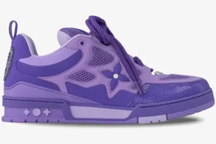 Louis Vuitton LV Skate purple luxury sneaker in a side profile view featuring monogram flower detail. - SKU 1ACQN6