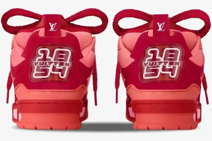 Rear view of Louis Vuitton LV Skate sneakers in red and pink mesh and leather with thick rope laces. - SKU 1ACQNP