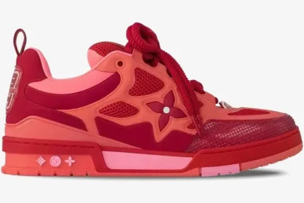 Side profile of a Louis Vuitton LV Skate sneaker in red and pink mesh and leather. - SKU 1ACQNP