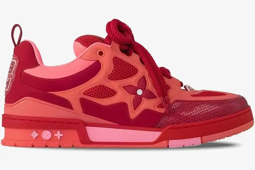 louis-vuitton-lv-skate-red-pink-side-view-1acqnp-299-553 Side profile of a Louis Vuitton LV Skate sneaker in red and pink mesh and leather. - SKU 1ACQNP