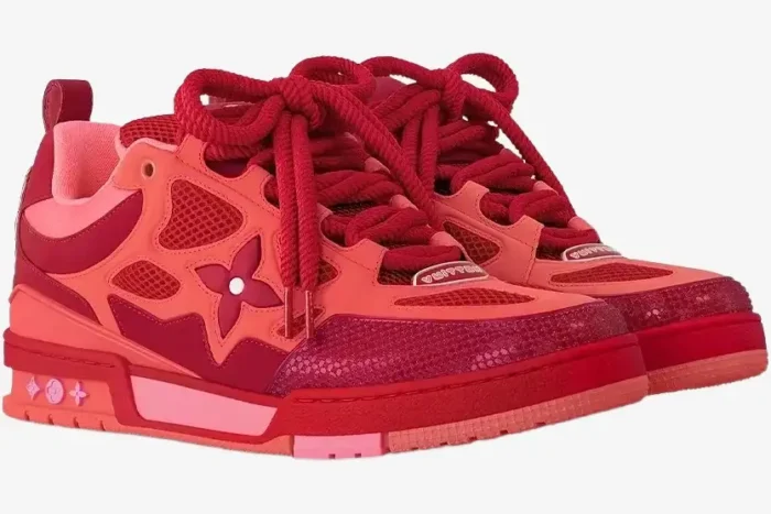 Louis Vuitton LV Skate sneakers in red and pink mesh and leather, three-quarter view. - SKU 1ACQNP