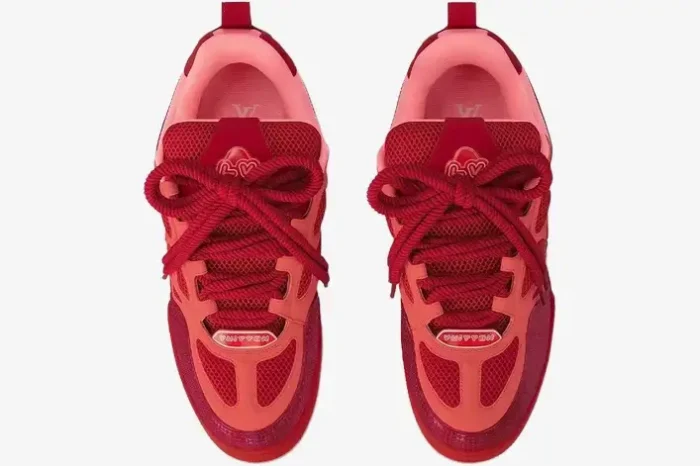 Top-down view of red and pink Louis Vuitton LV Skate sneakers with thick rope laces. - SKU 1ACQNP