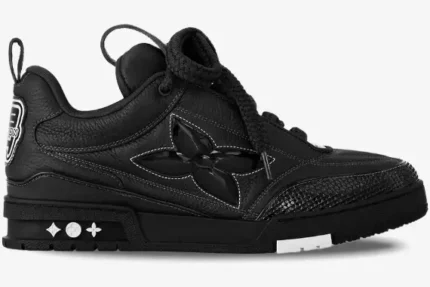 Side profile of a black Louis Vuitton LV Skate Sneaker with a large flower logo and thick laces. - SKU 1AB8I2-1ABZ5D