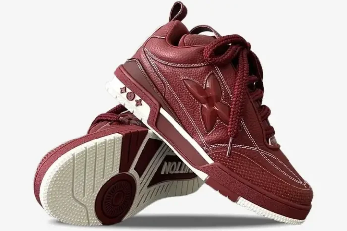 Louis Vuitton LV Skate Sneaker in Bordeaux Red, featuring a side profile and visible textured sole. - SKU 1ABZ6F