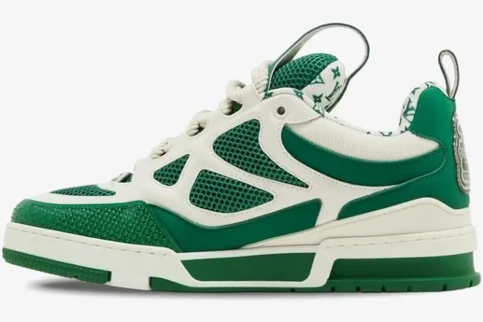 Side profile of a Louis Vuitton LV Skate Sneaker in green and white mesh and leather. - SKU 1AC520