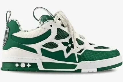Side view of a Louis Vuitton LV Skate Sneaker in green and white with chunky laces and monogram details. - SKU 1AC520