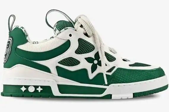 louis-vuitton-lv-skate-sneaker-green-white-side-1ac520-962-097 Side view of a Louis Vuitton LV Skate Sneaker in green and white with chunky laces and monogram details. - SKU 1AC520
