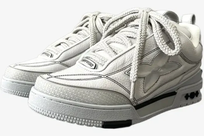 Louis Vuitton LV Skate Sneaker in grey, three-quarter front view showing chunky laces and flower logo. - SKU 1abz5x