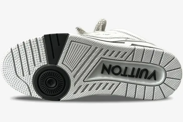 Bottom view of the Louis Vuitton LV Skate Sneaker in grey, showing the branded outsole pattern. - SKU 1abz5x