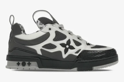 Louis Vuitton LV Skate Sneaker in grey, white, and black, shown from a side profile view. - SKU 1AC52K