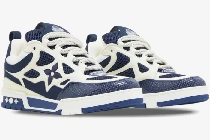 Louis Vuitton LV Skate Sneaker in Marine White, three-quarter side view showing thick laces and mesh panels. - SKU 1AARRL