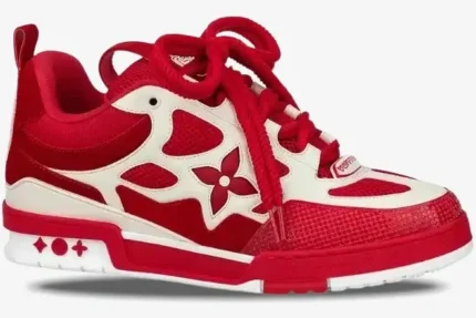 Louis Vuitton LV Skate Sneaker in red and white, side profile view with thick rope laces. - SKU 1AARS5
