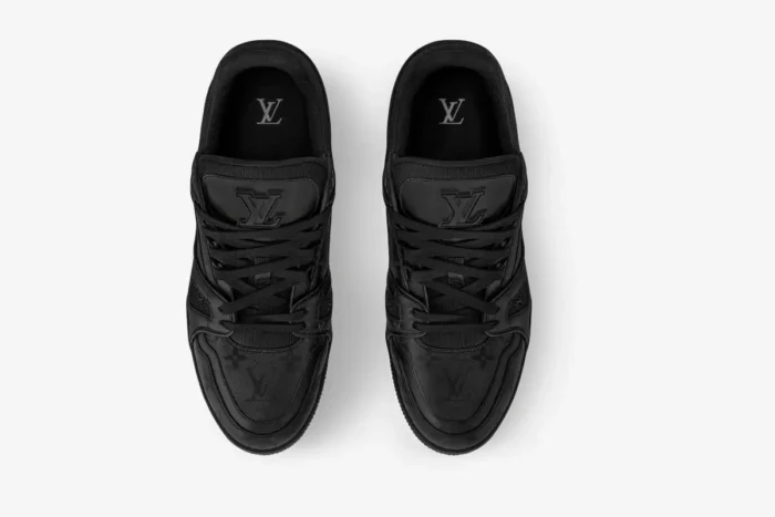 Top-down view of black Louis Vuitton LV Trainer sneakers in monogram leather. - SKU 1AHDBK