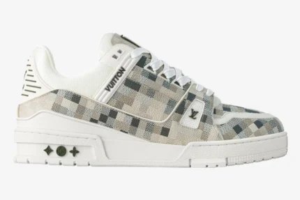 Side view of Louis Vuitton LV Trainer sneaker in beige Damoflage camouflage pattern with a chunky white sole. - SKU 1AF6A6
