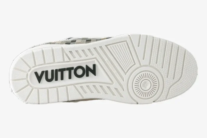 Bottom view of Louis Vuitton LV Trainer Damoflage Beige Camouflage sneaker outsole with black Vuitton logo. - SKU 1AF6A6