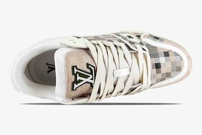 Top-down view of Louis Vuitton LV Trainer in Damoflage beige camouflage with cream laces. - SKU 1AF6A6
