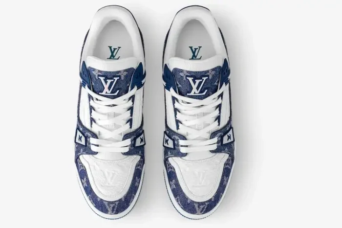 Top-down view of Louis Vuitton LV Trainer sneakers in white and blue monogram denim. - SKU 1A9JGR