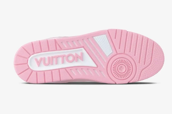Bottom sole view of a pink and white Louis Vuitton LV Trainer sneaker for women. - SKU 1AAW59