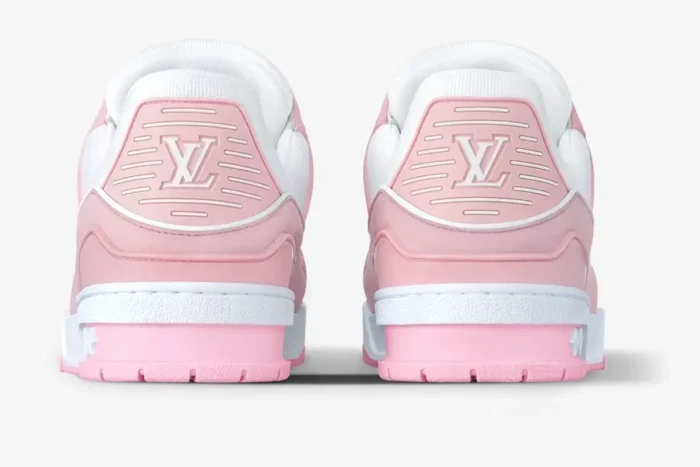 Rear view of Louis Vuitton LV Trainer Rose Pink Women's Sneakers showing the heel logo. - SKU 1AAW59