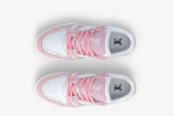 Top-down view of Louis Vuitton LV Trainer Rose Pink women's sneakers with white leather and pink accents. - SKU 1AAW59