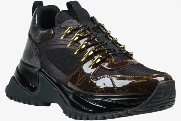 Louis Vuitton Run Away Pulse sneaker in black and brown monogram with gold hardware, side view. - SKU 1A40Z8