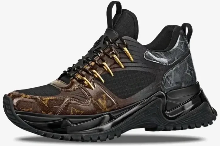 Louis Vuitton Run Away Pulse sneaker in black and brown monogram, shown from a side profile view. - SKU 1A40Z8
