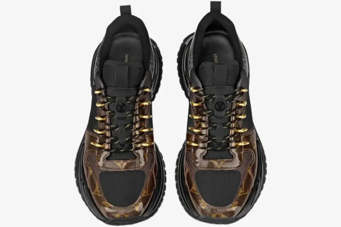 Top-down view of Louis Vuitton Run Away Pulse sneakers in black and brown monogram with gold hardware. - SKU 1A40Z8