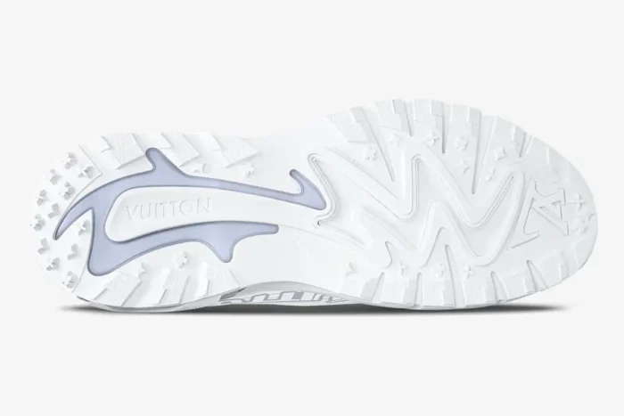 Bottom view of the Louis Vuitton Runner Tatic white and grey outsole showing the tread pattern and logo. - SKU 1A9U19