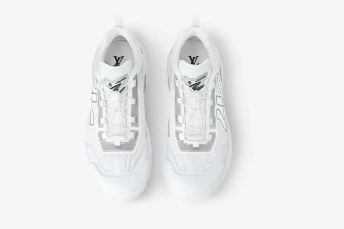Top-down view of Louis Vuitton Runner Tatic sneakers in white and grey with mesh details. - SKU 1A9U19