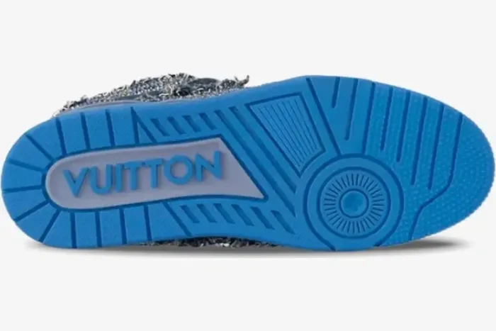 Bottom view of a blue Louis Vuitton Skate Sneaker outsole with silver Swarovski crystal detailing. - SKU 1ABMHB