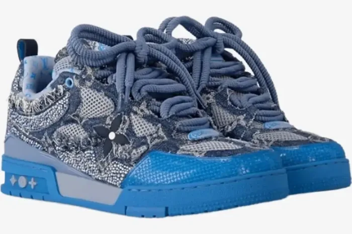 Louis Vuitton Skate Sneaker in blue and silver Swarovski monogram, three-quarter view. - SKU 1ABMHB