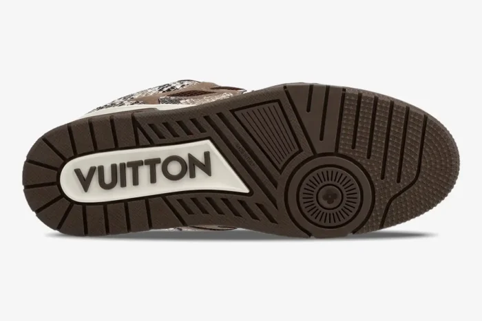 Bottom view of the brown Louis Vuitton Skate Sneaker outsole featuring the white Vuitton logo.