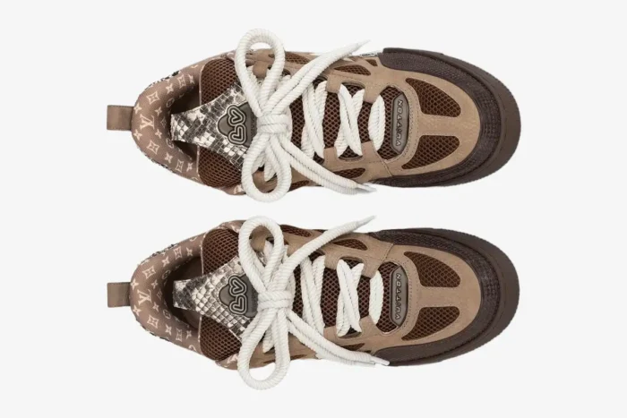 Top-down view of Louis Vuitton Skate Sneakers in brown featuring snakeskin accents and monogram canvas.